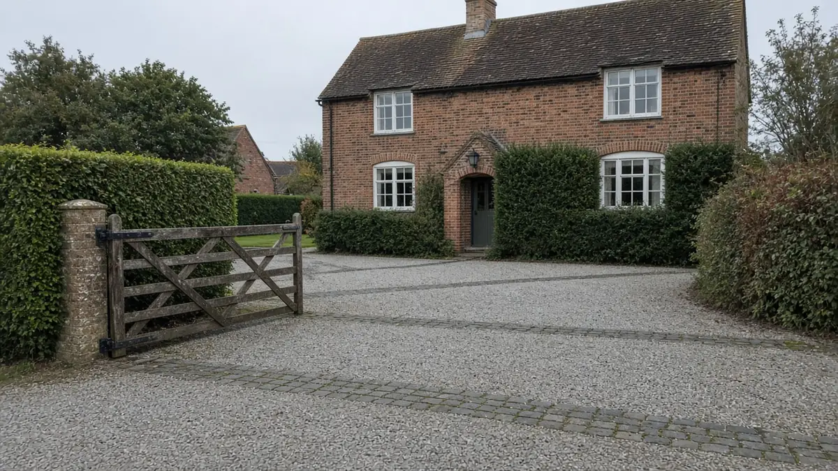 Example image: a gravel driveway with granite sett bands in front of a village house