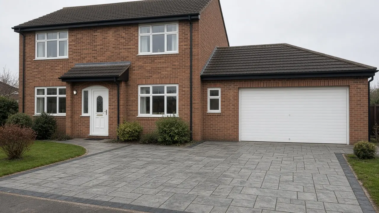 Example image: a slate-grey imprinted concrete driveway with a darker border