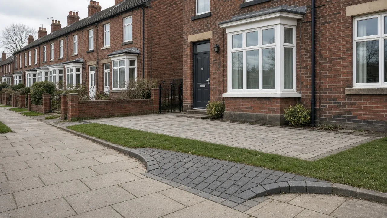 Example image: a lowered kerb and footpath crossing leading to a block paved drive