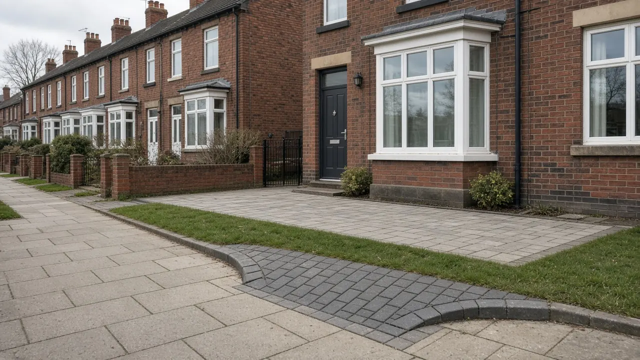 Example image: a lowered kerb and footpath crossing leading to a block paved drive