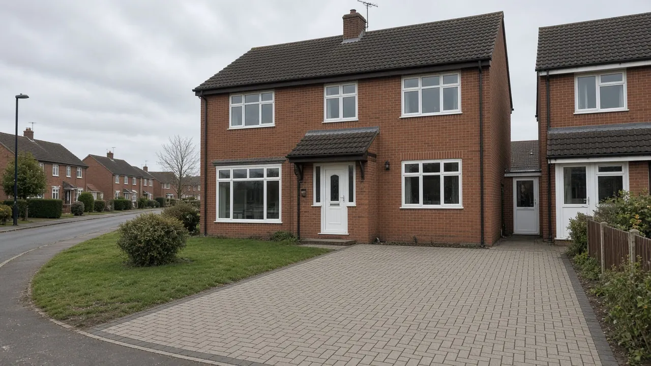 Example image: brick house on the Clavering estate with an extended block-paved drive