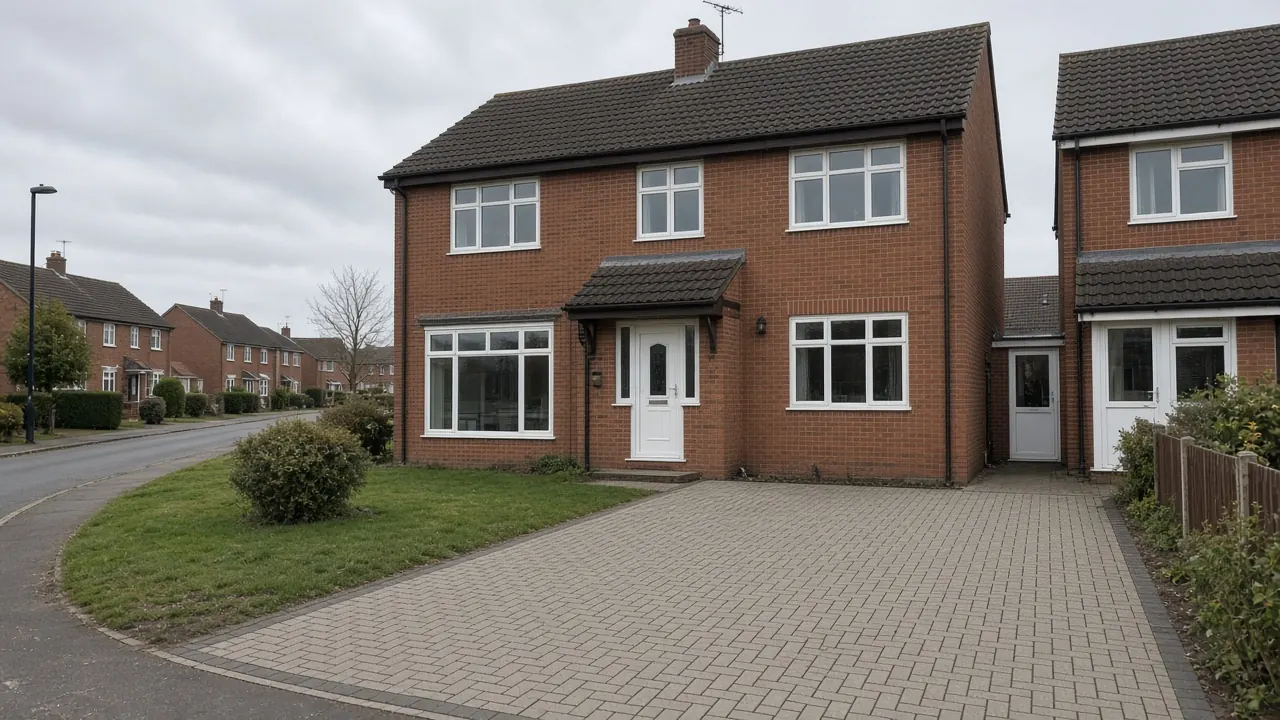 Example image: brick house on the Clavering estate with an extended block-paved drive