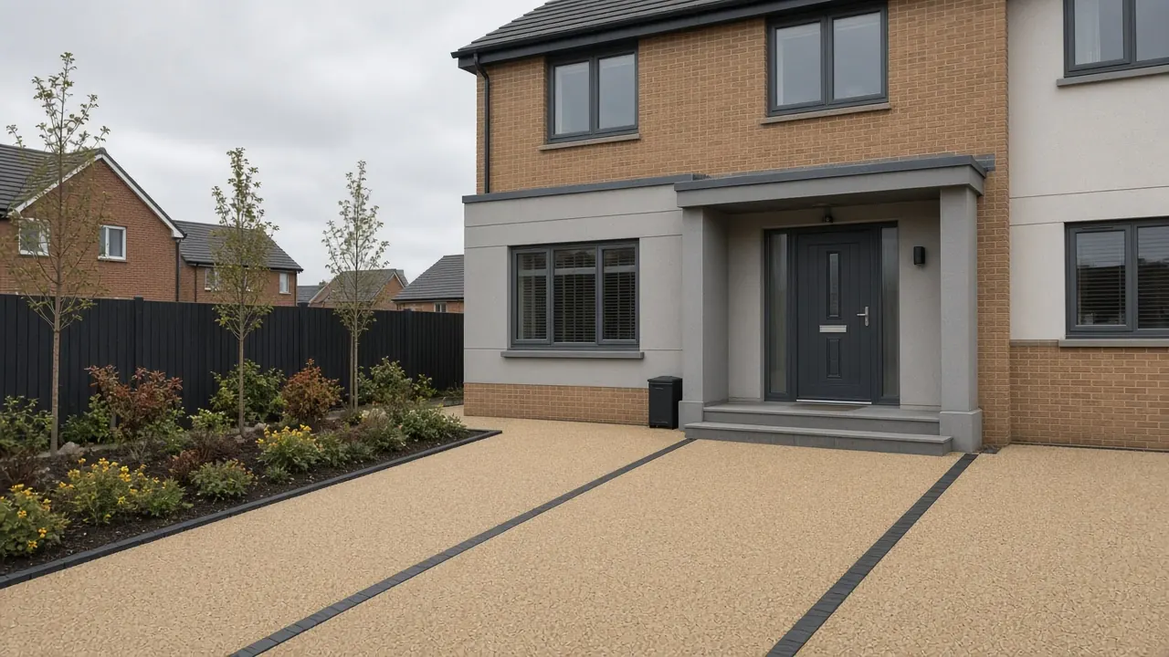 Example image: a honey-toned resin-bound driveway outside a modern detached house