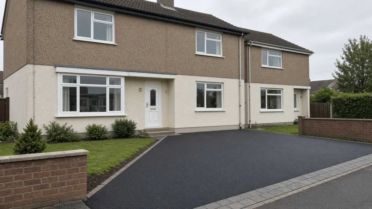 Example image: a black tarmac driveway with a grey block edge outside a semi-detached house